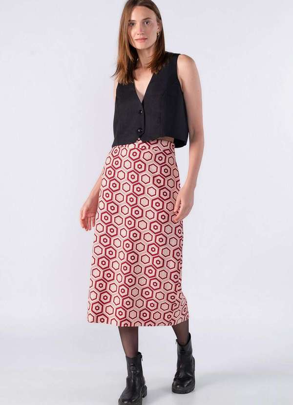 Lamis - Saia Midi Basica Estampa Geometrica Vermelho 2