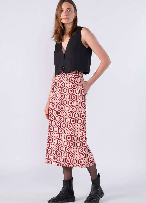 Lamis - Saia Midi Basica Estampa Geometrica Vermelho 3