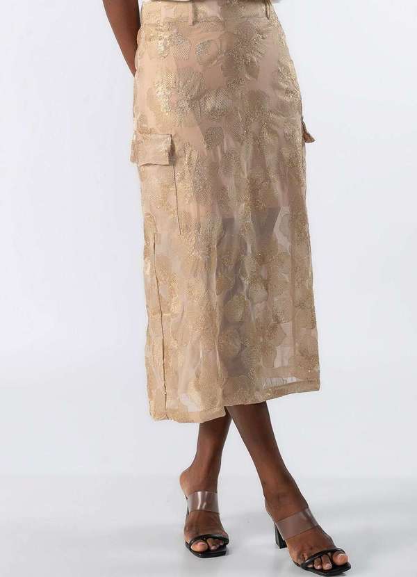 Lamis - Saia Midi com Aplicacao Bege 2