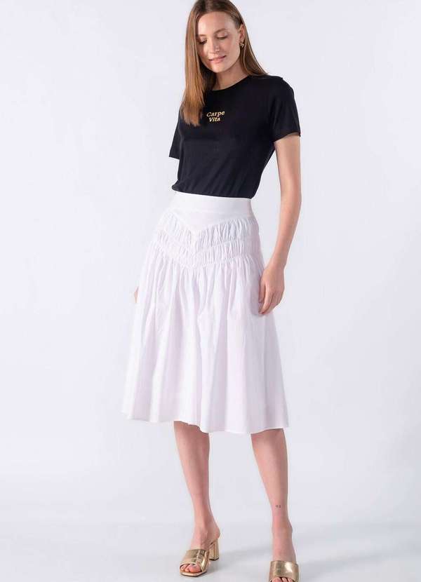 Lamis - Saia Midi com Pala Marcada e Franzido Branco 2