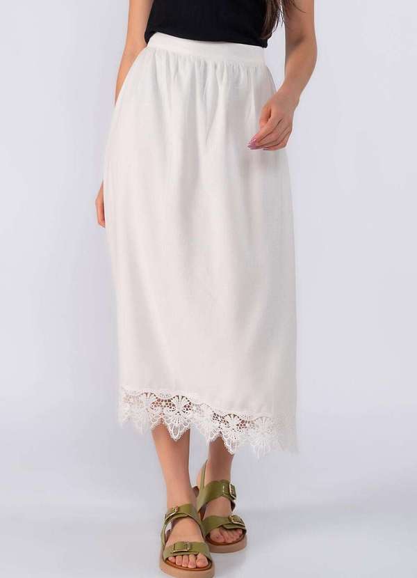 Lamis - Saia Midi com Renda na Barra Off White 2