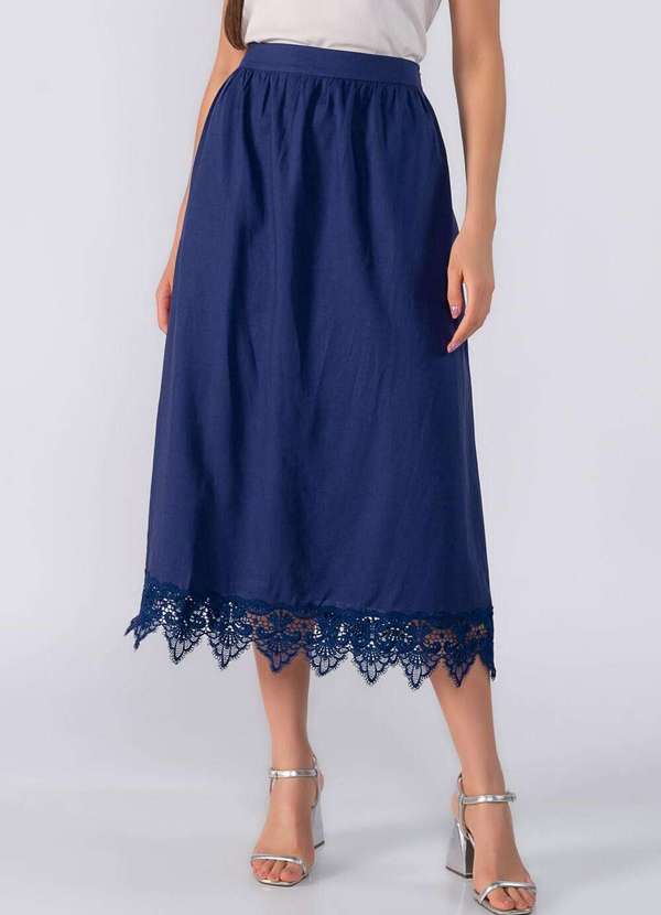 Lamis - Saia Midi com Renda na Barra Azul