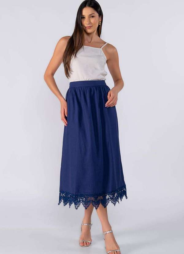 Lamis - Saia Midi com Renda na Barra Azul 2