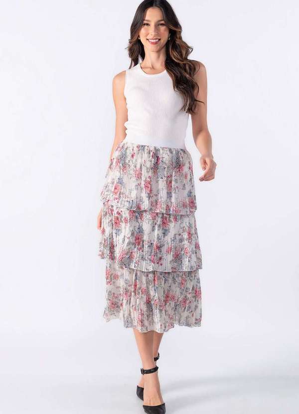 Lamis - Saia Midi de Babado Plissada Branco