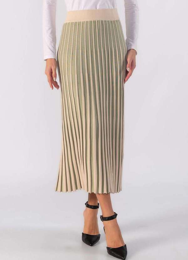 Lamis - Saia Midi de Tricot com Listras Verde Claro