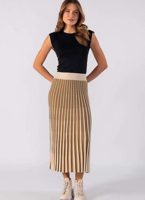 Lamis - Saia Midi de Tricot com Listras Verde Escuro