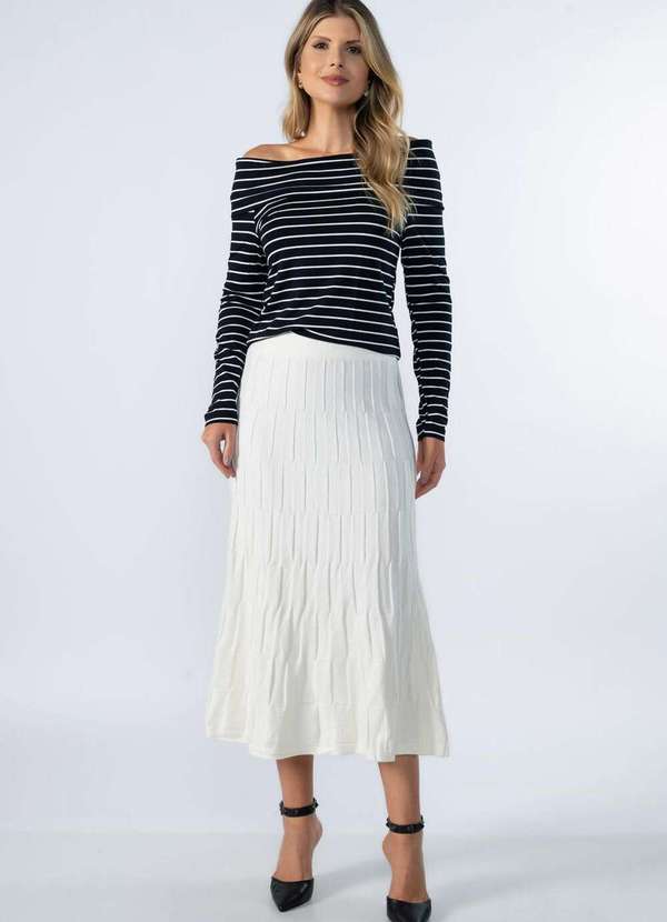 Lamis - Saia Midi de Tricot Quadriculado Creme 2