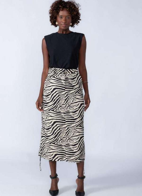 Lamis - Saia Midi em Algodao Animal Print Preto 2