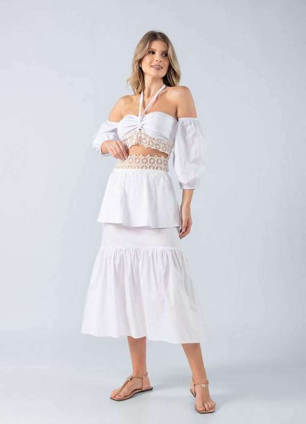 Lamis - Saia Midi em Algodao e Renda Cos Branco