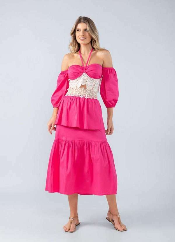 Lamis - Saia Midi em Algodao e Renda Cos Pink