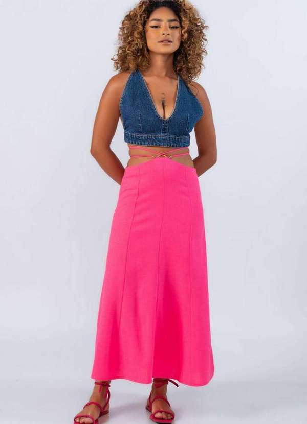 Lamis - Saia Midi em Linho Amarracao Rosa