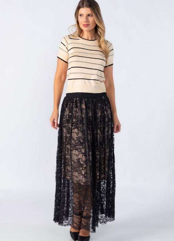 Lamis - Saia Midi em Renda Plissada Bege