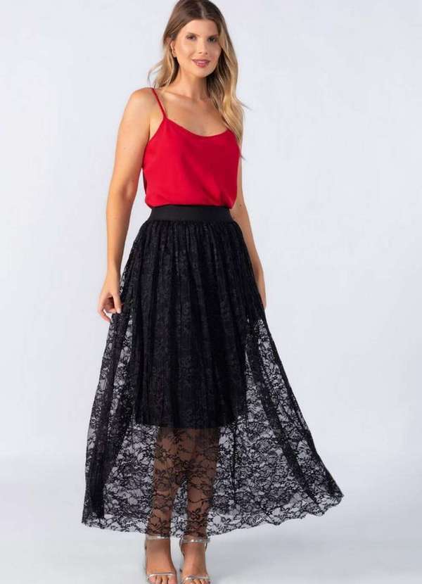 Lamis - Saia Midi em Renda Plissada Preto