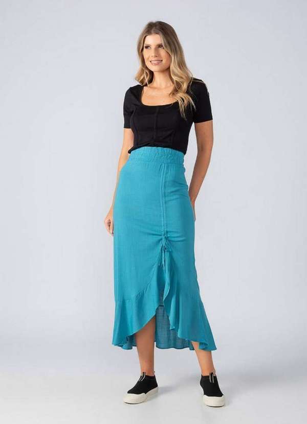 Lamis - Saia Midi em Viscose Babado Detalhe Frontal Azul