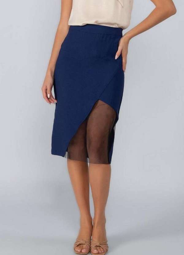 Lamis - Saia Midi em Viscose Detalhe em Tule Azul Marinho 2