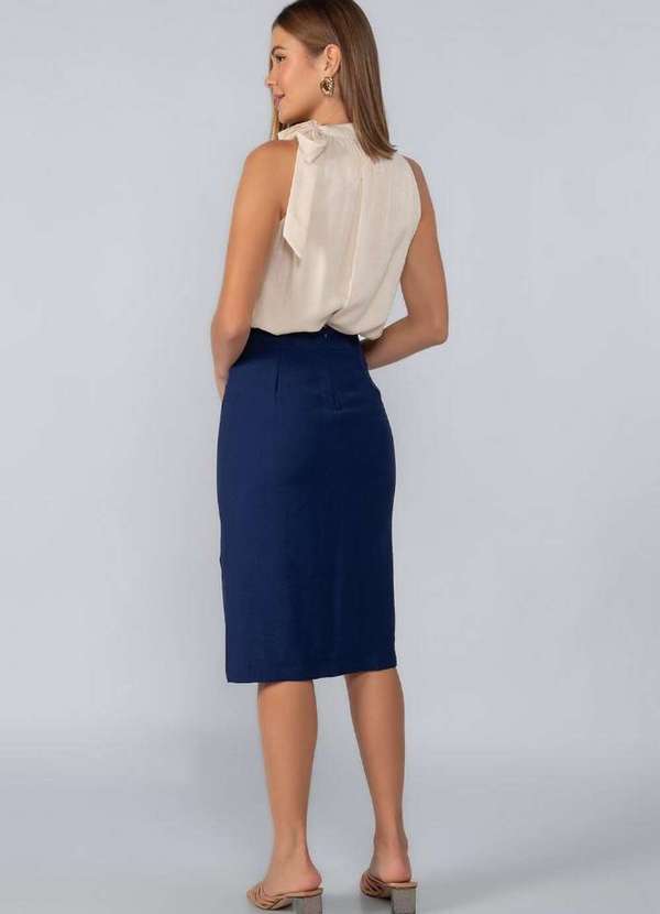 Lamis - Saia Midi em Viscose Detalhe em Tule Azul Marinho 4