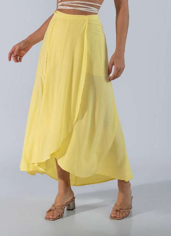 Lamis - Saia Midi em Viscose Transpassada com Detalhe Amarelo