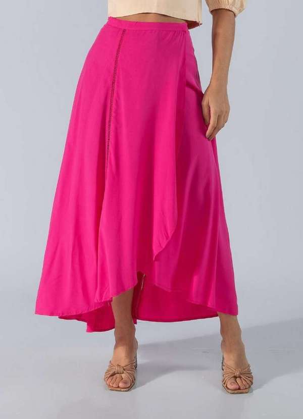 Lamis - Saia Midi em Viscose Transpassada com Detalhe Rosa