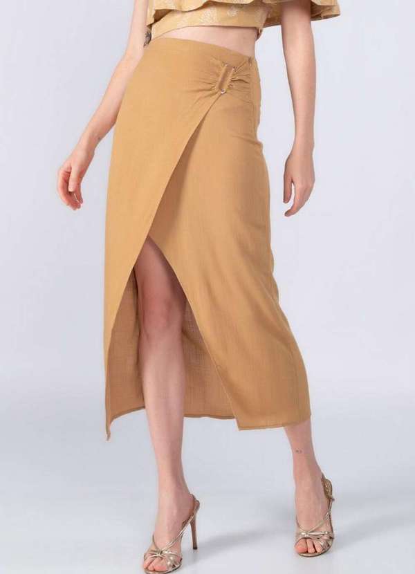 Lamis - Saia Midi em Viscose Transpassada Caqui