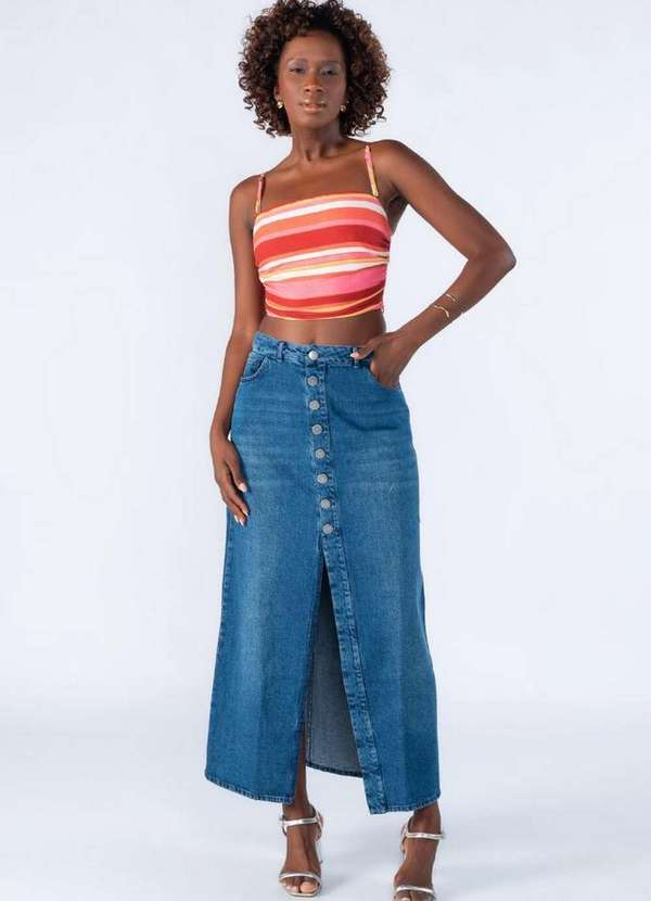 Lamis - Saia Midi Jeans Botoes Azul