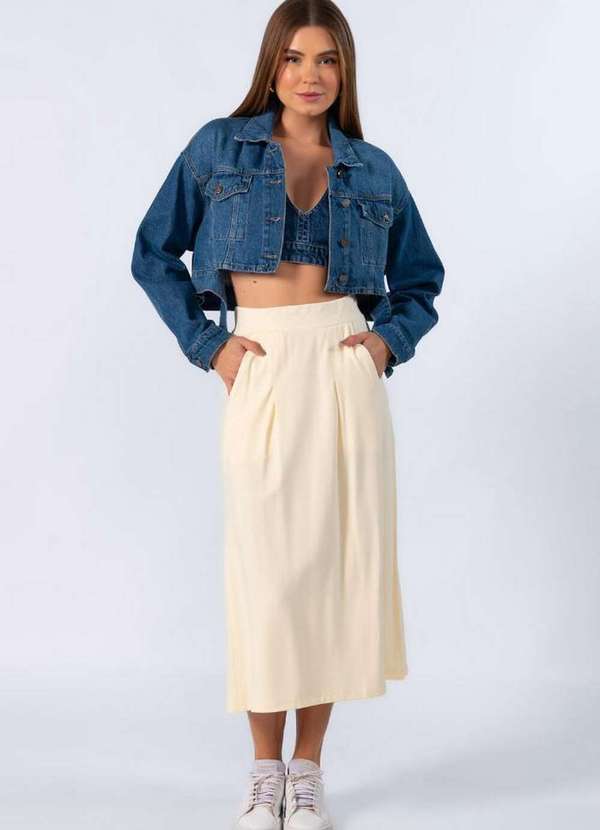 Lamis - Saia Midi Moletinho com Bolsos Creme