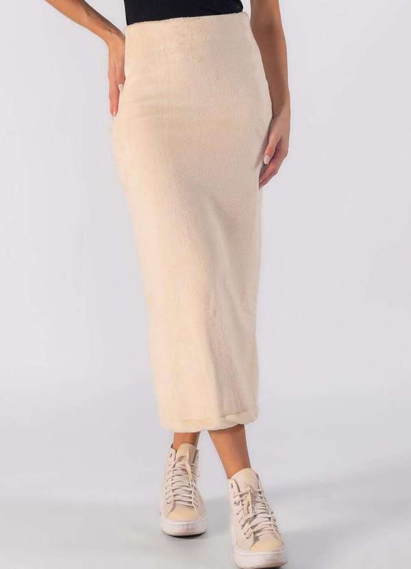 Lamis - Saia Midi Teddy com Elastico na Cintura Bege