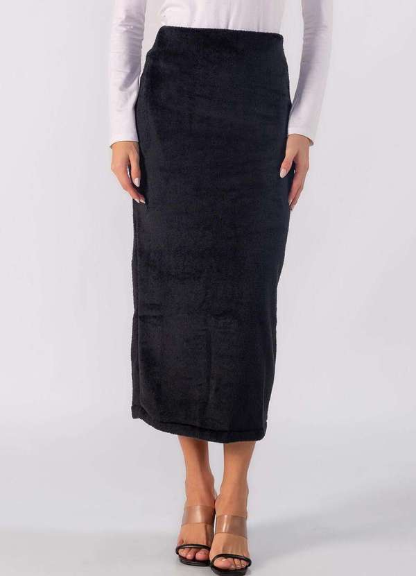 Lamis - Saia Midi Teddy com Elastico na Cintura Preto