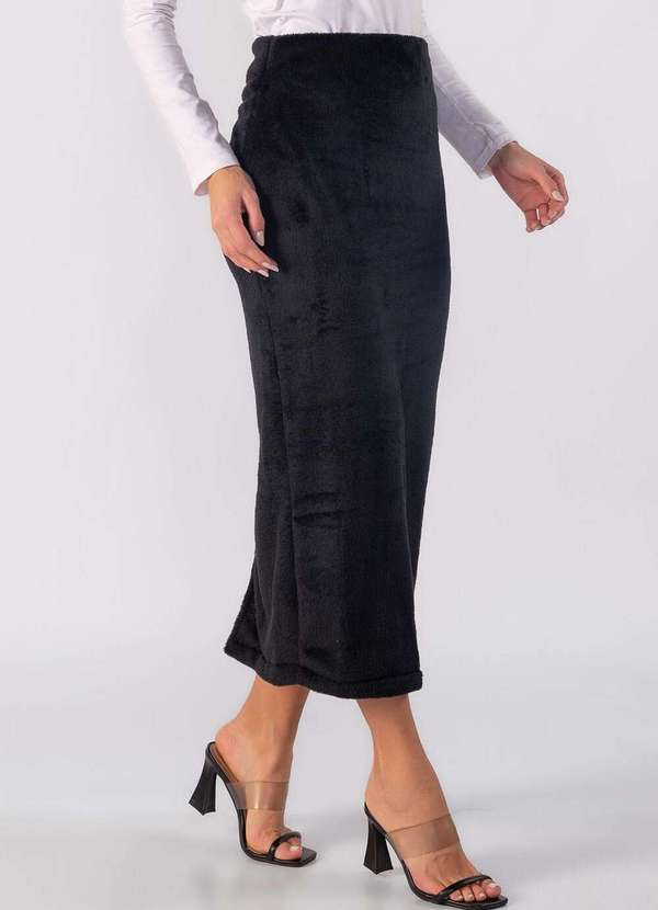 Lamis - Saia Midi Teddy com Elastico na Cintura Preto 3