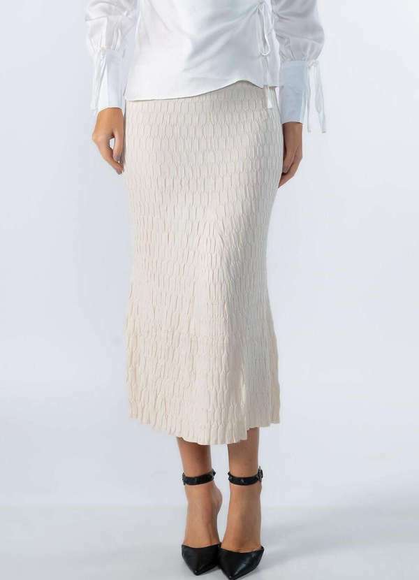 Lamis - Saia Midi Tricot Trabalhado Bege