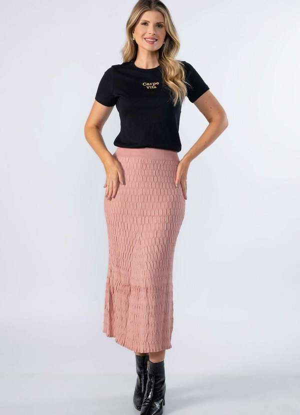Lamis - Saia Midi Tricot Trabalhado Rosa
