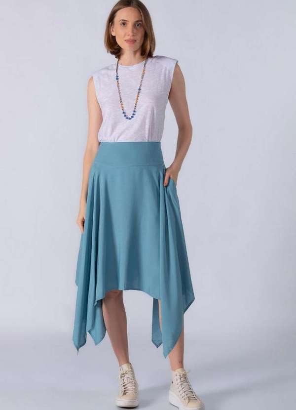 Lamis - Saia Midi Viscose com Pontas na Barra Azul