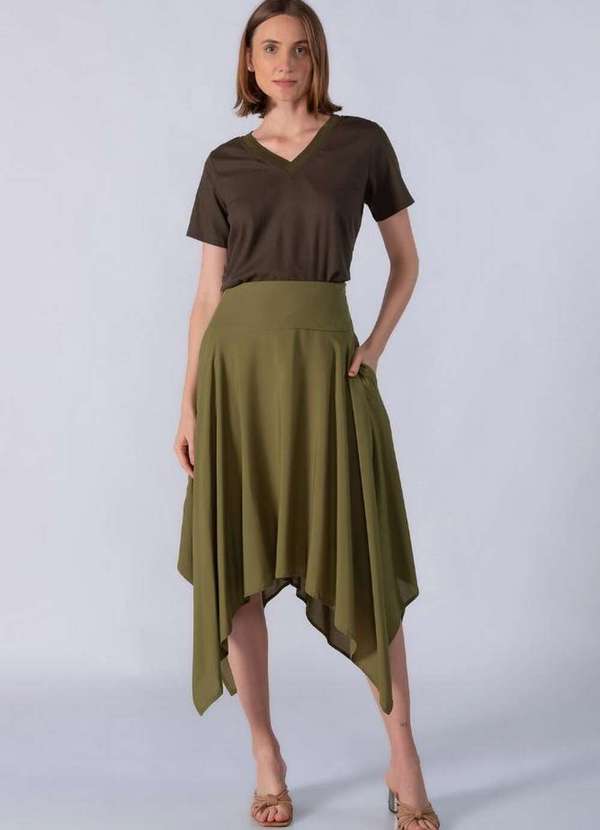 Lamis - Saia Midi Viscose com Pontas na Barra Verde