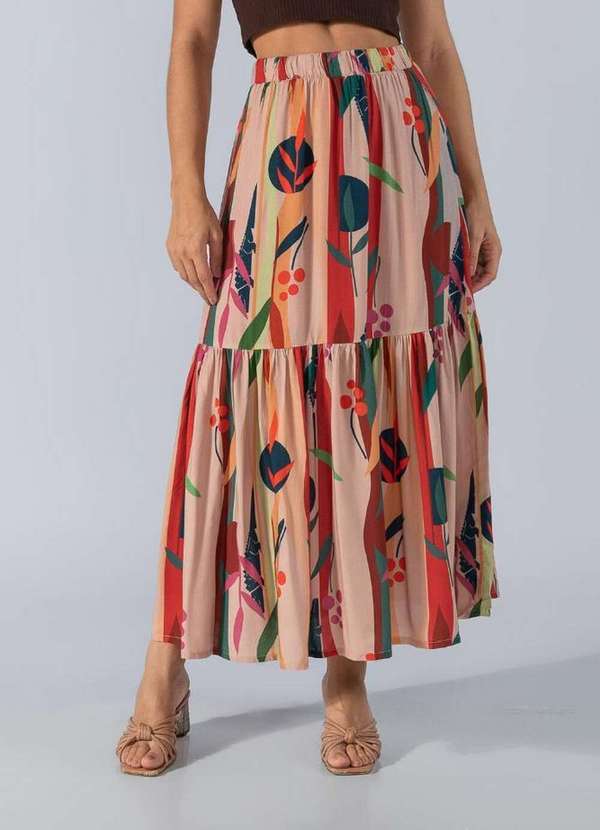 Lamis - Saia Midi Viscose Estampada com Babado e Cos de Elastico Multicolor
