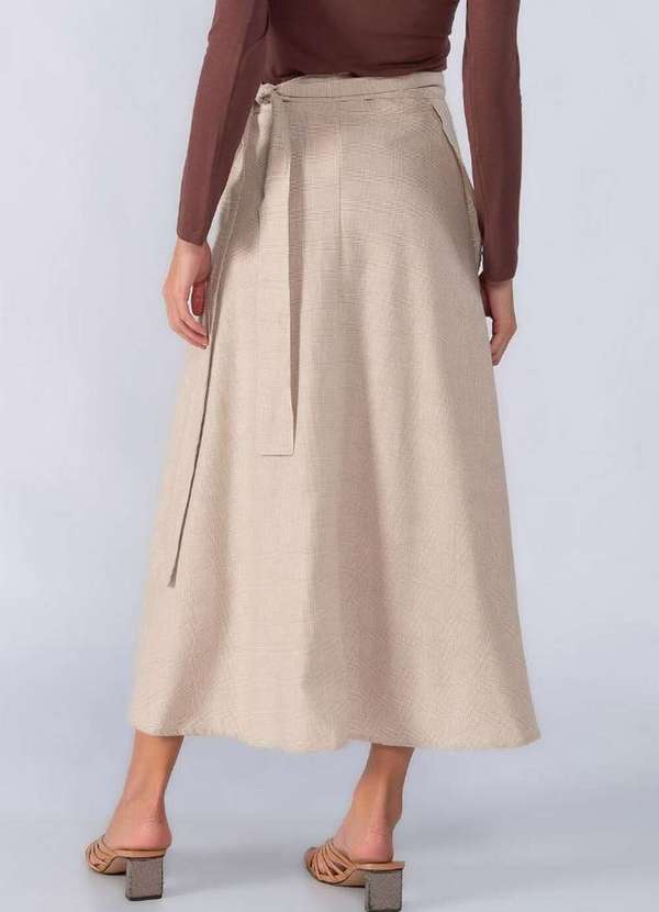 Lamis - Saia Midi Xadrez Envelope Faixa Embutida Bege