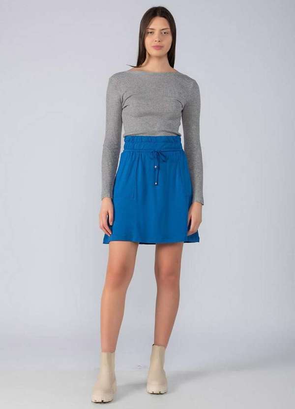 Saia Moletinho Cos Largo com Elastico e Bolso Azul Lamis