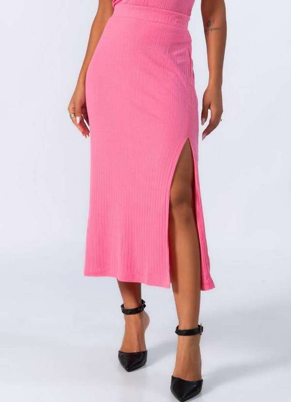 Lamis - Conjunto Canelado Saia Midi e Blusa Rosa 3