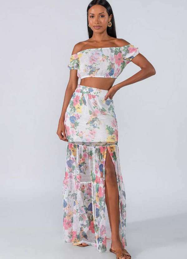 Lamis - Conjunto Cropped e Saia Longa Telinha Branco