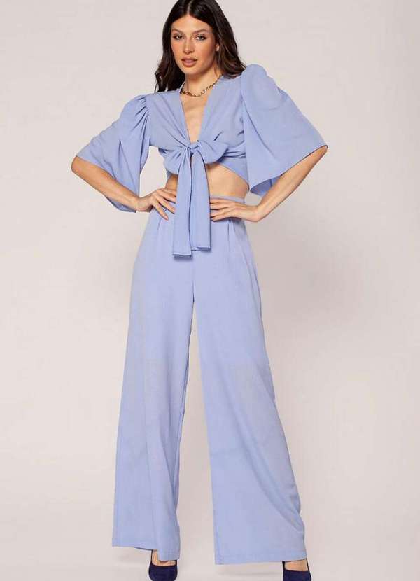 Lamis - Conjunto em Crepe Blusa de Amarrar e Calca Pantalona Azul