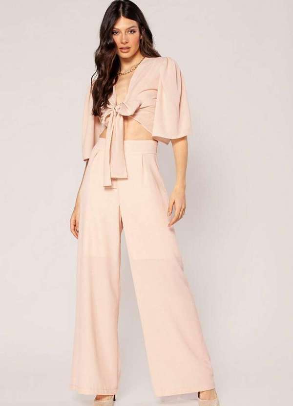 Lamis - Conjunto em Crepe Blusa de Amarrar e Calca Pantalona Nude