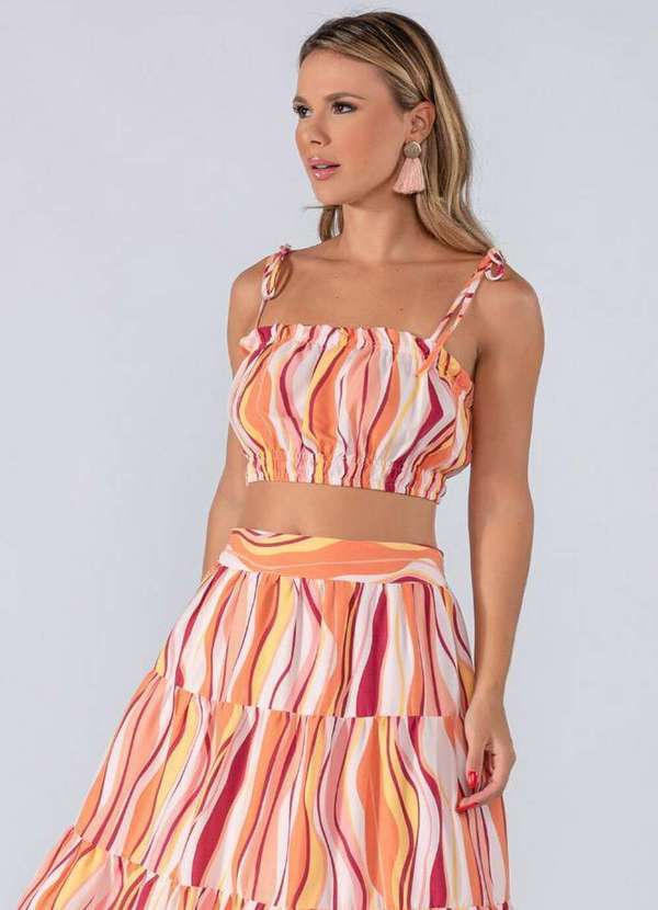 Lamis - Conjunto Saia Longa e Cropped Estampado em Viscose Laranja