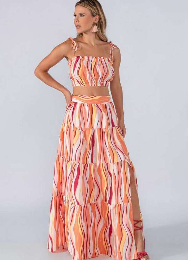 Conjunto Saia Longa e Cropped Estampado em Viscose Laranja Lamis