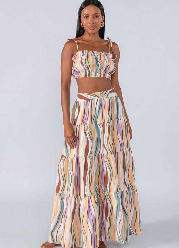 Conjunto Saia Longa e Cropped Estampado em Viscose Verde Lamis