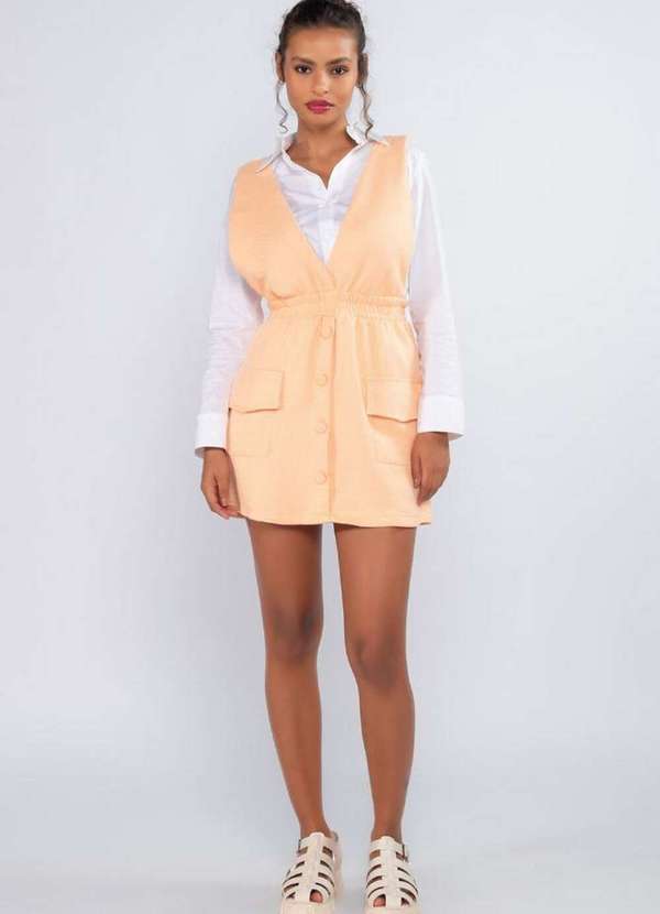 Lamis - Jardineira Tweed Botoes Elastico Bolso Laranja