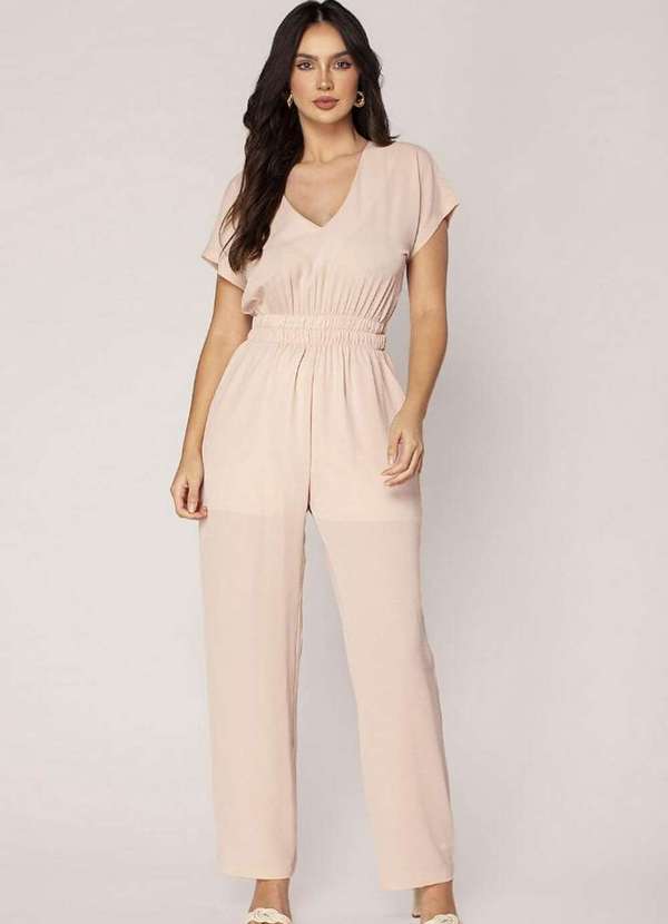 Lamis - Macacao Crepe Liso Acinturado com Bolsos Bege