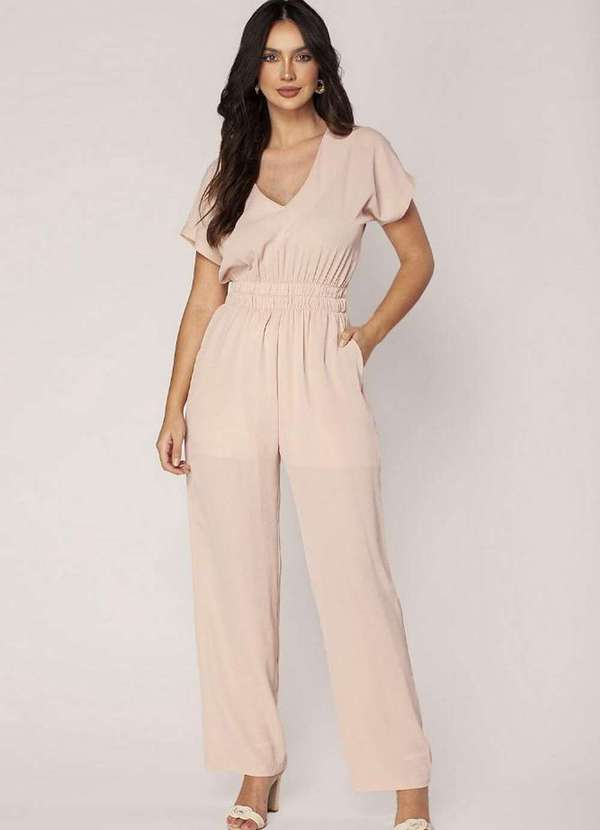 Lamis - Macacao Crepe Liso Acinturado com Bolsos Bege 2