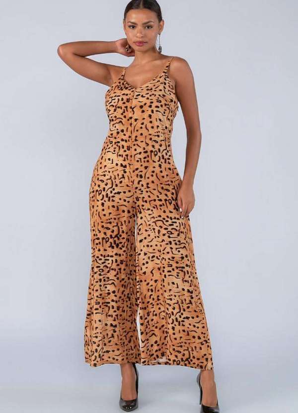 Lamis - Macacao Pantacourt em Viscose Amplo Animal Print Caramelo