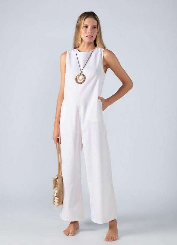 Lamis - Macacao Pantacourt Liso em Linho Off White