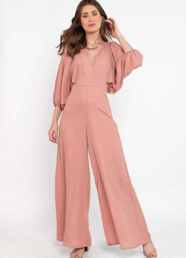 Lamis - Macacao Pantalona Decote V Manga Bufante Rose