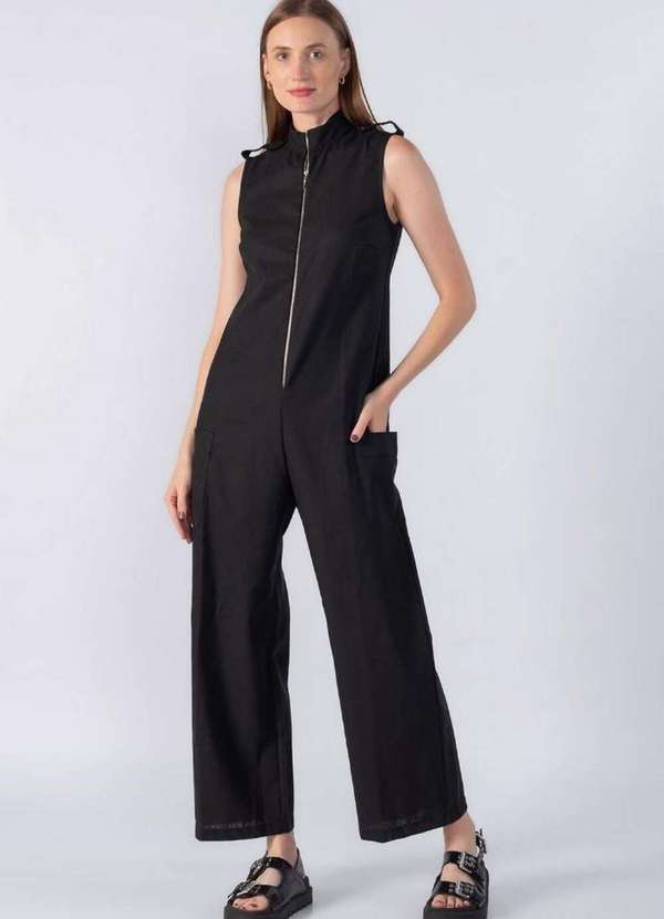 Lamis - Macacao Ziper Frontal Bolso Cargo Preto