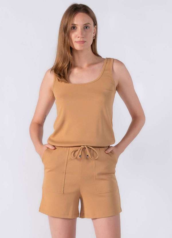 Lamis - Macaquinho Canelado com Amarracao na Cintura Bege